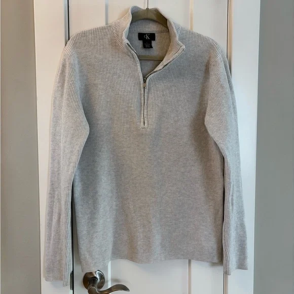 Light Grey Men’s 90s Quarter Zip Sweater 100% Cotton Sz Large, slim fit - Picture 1 of 8